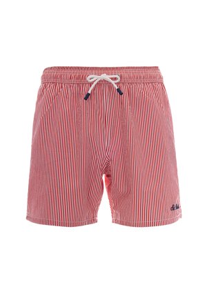 Costume da bagno a pantaloncino con righe verticali rosse e bianche, vita elastica, coulisse bianca, tasche laterali e piccolo logo sulla gamba sinistra.