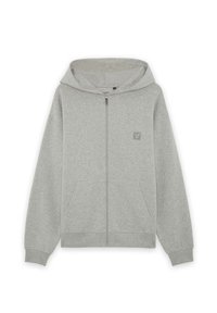 Grå lynlås-hoodie med hætte, frontlommer og ribbede manchetter. Har et lille logo-patch på øverste venstre side. Blød stofstruktur.