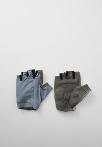 Castelli cycling gloves, featuring a blue checkered fabric, gray leather accents, half-finger design, and textured grip pads.