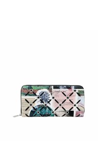 Zip-around wallet featuring a collage of floral and abstract patterns in blue, green, and pink. Accented with black hardware and eyelets.