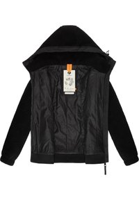 Zwarte hoodiejack met textuur fleece buitenkant, contrasterende gladde voering aan de binnenkant, elastische manchetten en ritszakken aan de zijkanten. Label bevestigd aan de binnenkant.