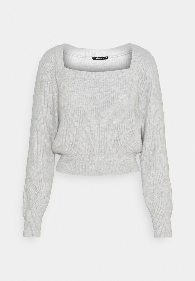Lysegrå cropped sweater med firkantet halsudskæring, lange ærmer, struktureret strikmønster og en tætsiddende silhuet. Blødt, behageligt materiale.