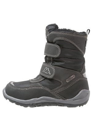 Schwarzer Schneestiefel mit einer Nylonaußenseite mit strukturiertem Muster, zwei verstellbaren Klettverschlüssen und einer Gummisohle für guten Halt.