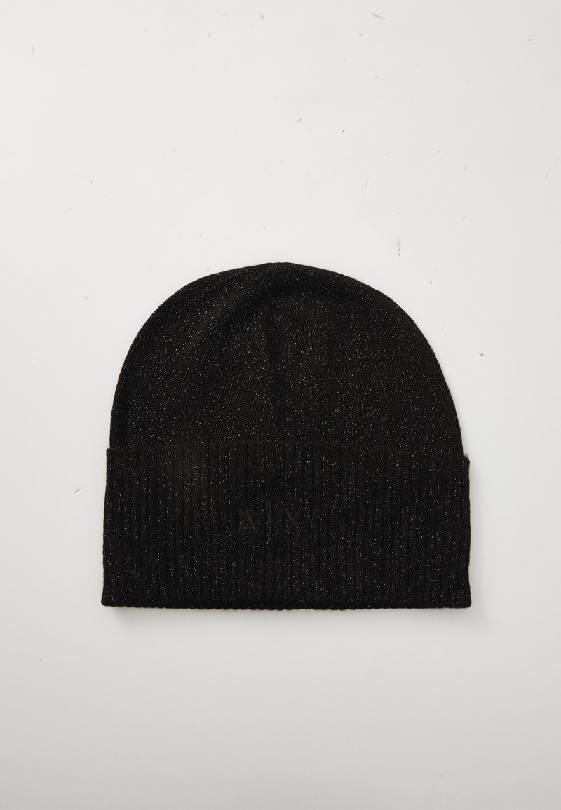 Black knit beanie with folded cuff featuring subtle "A|X" logo embroidery on plain white background.