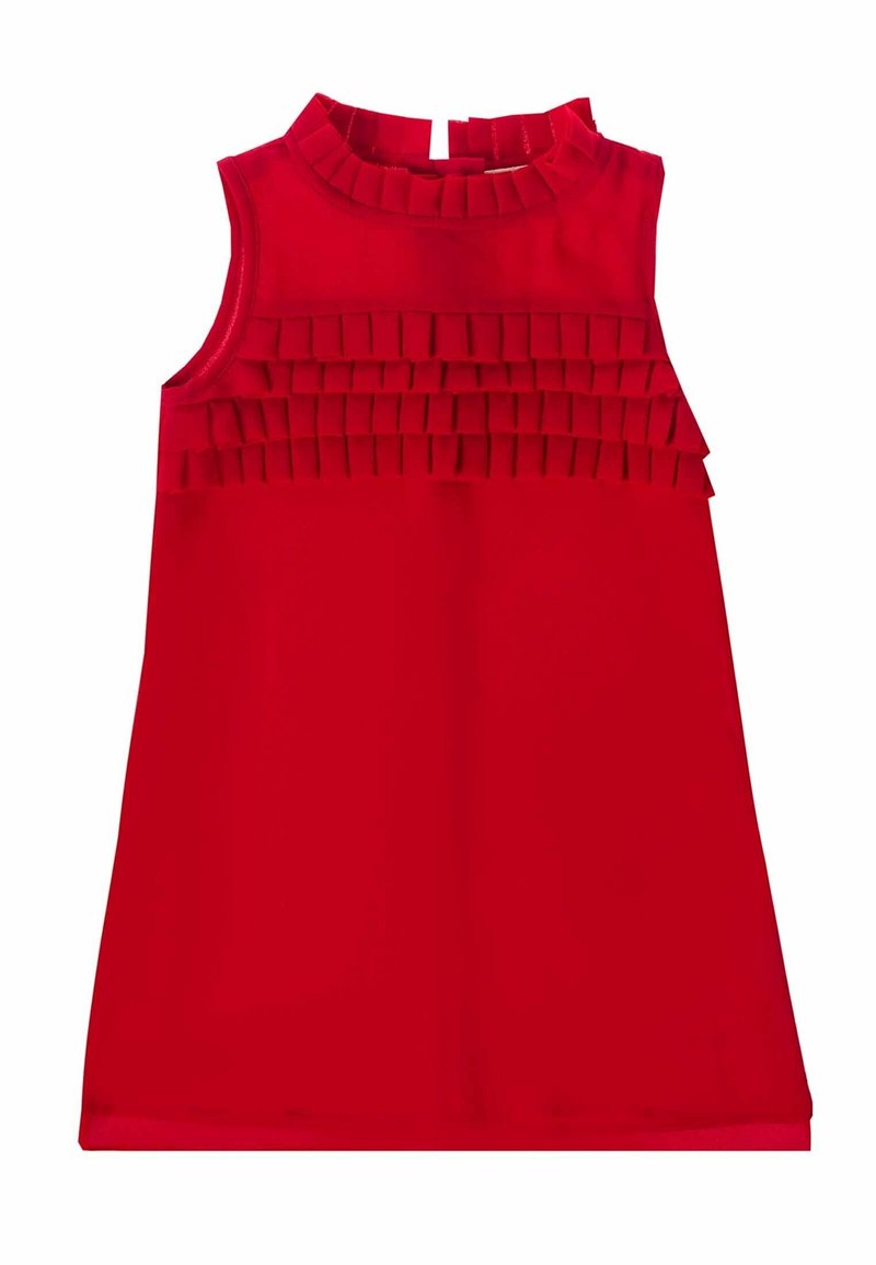 Robe rouge sans manches avec des détails à volants plissés sur la poitrine et autour du col, silhouette droite en A.