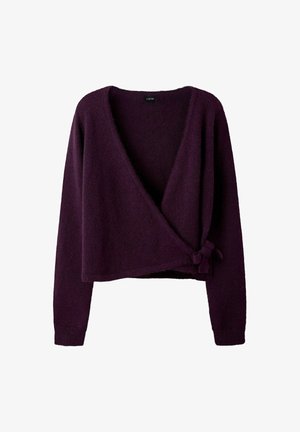 Pull cache-cœur à manches longues de couleur violet profond avec un col en V et une fermeture latérale à nouer, en tissu doux texturé.
