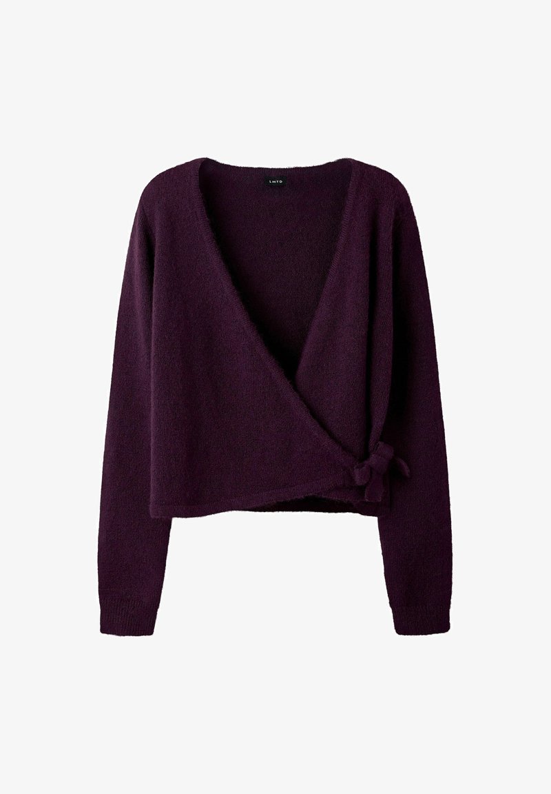 Pull cache-cœur à manches longues de couleur violet profond avec un col en V et une fermeture latérale à nouer, en tissu doux texturé.