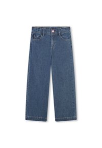 Denim jeans, wijd beenontwerp, donkerblauwe kleur, lichte slijtage aan de zoom, twee frontale zakken, metalen knoopsluiting met roze accent.