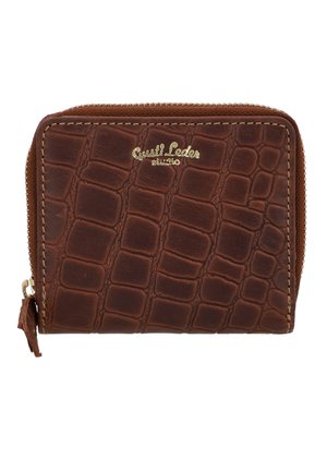 Pruun nahast rahakott krokodillimustriga. Omab kuldset logo, tõmblukk sulgemist ja väikest nahkannotatsiooni küljel.