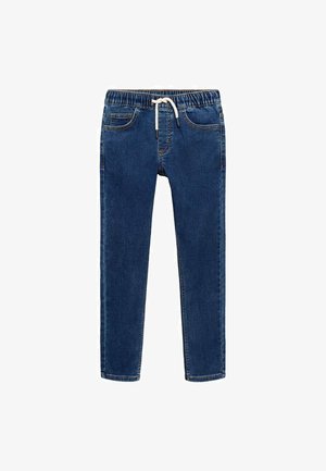 Jean en denim bleu foncé avec une coupe fuselée, une taille élastique et un cordon de serrage blanc. Comprend des poches avant et des détails de couture contrastés.