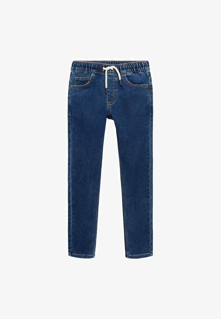 Tummansiniset farkut, joissa on kapeneva leikkaus, joustava vyötärö ja valkoinen nauha. Mukana etutaskut ja erottuvat ompeluyksityiskohdat.