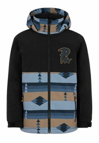 Schwarz gemusterte Jacke mit Kapuze, geometrischen Designs in dunkelblau, hellblau und braun, Reißverschluss vorne und besticktem Logo auf der Brust.
