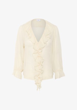 Ljuskrämfärgad blus i lättviktsmaterial, med djup V-ringning, volangdetaljer på framsidan och elastiska ärmar med volangslut.