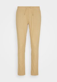 Beige trousers made of lightweight fabric, featuring an elastic waistband with drawstring, straight cut, and smooth texture.