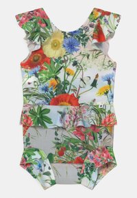Fato de banho floral com um padrão vibrante de várias flores, alças com babados e um design com peplum. Feito de tecido elástico.