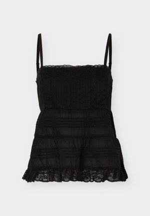 Μαύρο αμάνικο τοπ με λεπτές τιράντες, δαντέλα στη λαιμόκοψη και στο τελείωμα, και οριζόντιες υφασμάτινες ραβδώσεις.