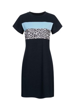 Robe à manches courtes en coton bleu marine foncé, avec une bande bleu clair en haut, une section centrale à imprimé léopard et une silhouette ajustée.