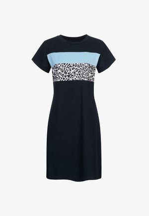 Short-sleeved dress in dark navy cotton, featuring a light blue band at the top, a leopard print middle section, and a fitted silhouette.