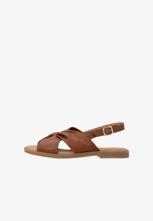 Braune flache Ledersandale mit überkreuzten Riemen, offenem Zeh, verstellbarem Knöchelriemen und glatter Sohle.