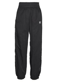 Svarta träningsbyxor i lättviktigt material, med elastisk midja, muddar och snörpaneler på sidorna. Adidas-logotyp på framsidan.