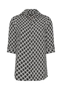 Czarna i biała bluzka z krótkim rękawem, ozdobiona wzorem w kształcie muszli, z zapięciem na guziki z przodu i luźnym krojem. Gładki materiał o zwiewnym kształcie.