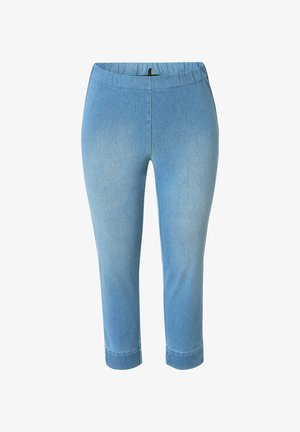 Lys blå denim leggings med en glat tekstur, elastisk talje, forkortet længde og stikninger i kanten.