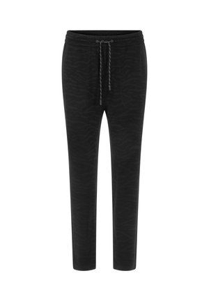 Black joggers with a tiger stripe pattern, made of soft fabric. Features an elastic waistband with a drawstring and tapered legs.