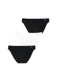 Trois paires de culottes pour femmes : deux noires et une blanche. Elles présentent une texture lisse, un design classique et une ceinture élastique avec logo.