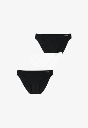 Trois paires de culottes pour femmes : deux noires et une blanche. Elles présentent une texture lisse, un design classique et une ceinture élastique avec logo.