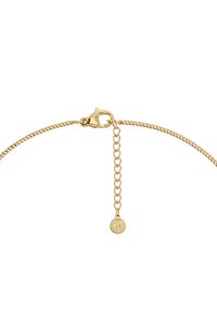 Gold chain necklace with a lobster clasp closure. Features a delicate, linked design and a small charm with a minimalist engraving.