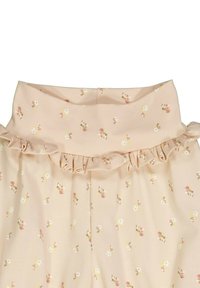 Jasnoróżowa spódnica z falbaniastym paskiem w talii oraz kwiatowymi wzorami w białych, żółtych i różowych odcieniach. Miękka, gładka faktura.