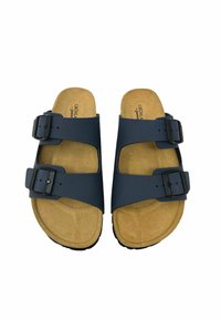 Infradito blu navy con due fibbie nere regolabili, tomaia in materiale sintetico testurizzato e una soletta color cuoio imbottita con forma sagomata.