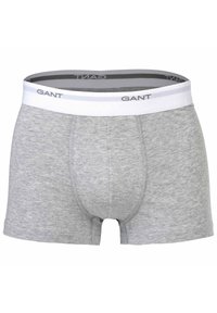 Boxer briefs grigi con una forma aderente realizzati in materiale morbido. Presentano un elastico bianco con il marchio "GANT" in nero. Senza motivi o decorazioni.