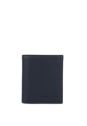 Black leather bi-fold wallet with brown stitching and embossed "Lancaster Paris" logo on front lower right corner.