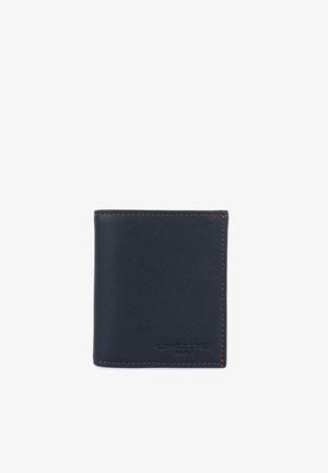 Black leather bi-fold wallet with brown stitching and embossed "Lancaster Paris" logo on front lower right corner.