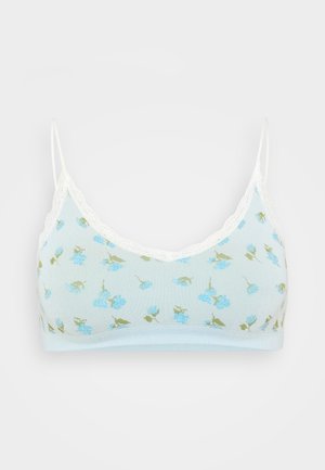 Hele sinine bralette, millel on soonikkoes ja sinise ning rohelise lilleline muster. Kõrvarõngastel pitsäär ja reguleeritavad rihmad.