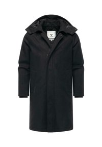 Schwarzer langer Mantel mit Kapuze, aus strukturiertem Stoff. Verfügt über Reißverschluss und Druckknopfverschlüsse, seitliche Taschen und einen geraden Schnitt.