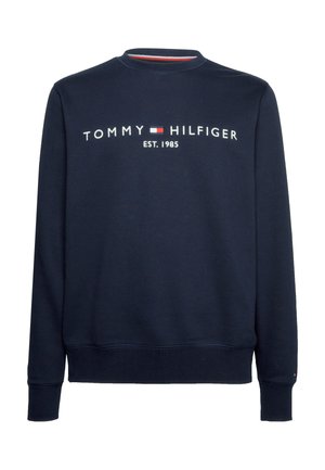 Sudadera azul marino con cuello redondo, puños y dobladillo acanalados, con el texto del logo en blanco "TOMMY HILFIGER EST. 1985" en el frente.