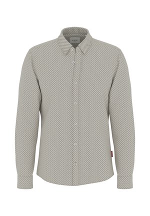 Herren-Langarmhemd mit Knopfleiste in Hellgrau mit sich wiederholendem geometrischem Ovalmuster und spitzem Kragen.