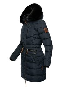 Navy puffer coat with a faux fur-lined hood, padded texture, zippered pockets, and brown leather accents on the cuffs and shoulder.