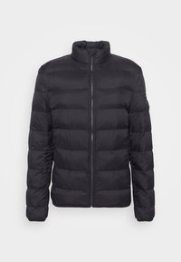 Black puffer jacket with a high collar, horizontal quilted design, full front zipper, and long sleeves with elastic cuffs.