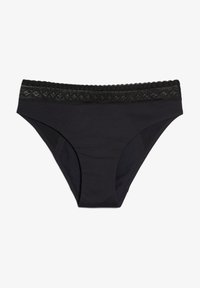 Czarne bawełniane majtki bikini z koronkowym wykończeniem w pasie. Gładka tekstura i klasyczny krój, charakteryzujące się prostym designem bez wzorów.