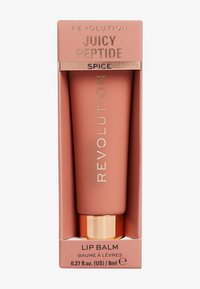Revolution Juicy Peptide Spice leppebalsam i en myk ferskenfarget tube med gullaccentuer, pakket i en matchende eske. 0,27 fl. oz. / 8 ml.