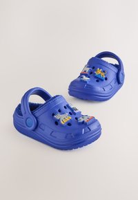 Sinised plastist klotsid loomateemaliste kaunistustega. Avatud tagaküljega, rihmaga, tekstuurse pinnaga ja ventilatsiooniaukudega hingavuse tagamiseks.