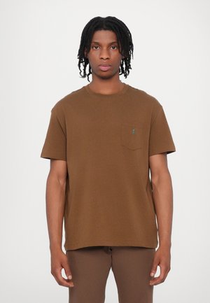 Brown cotton short-sleeve T-shirt with a round neckline, featuring a pocket on the left chest and small green logo accent.