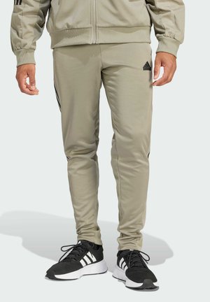 Pantalones deportivos de un gris claro con un ajuste ceñido, que cuentan con franjas laterales negras y un logo bordado en el muslo. Llevados con zapatillas de correr negras.