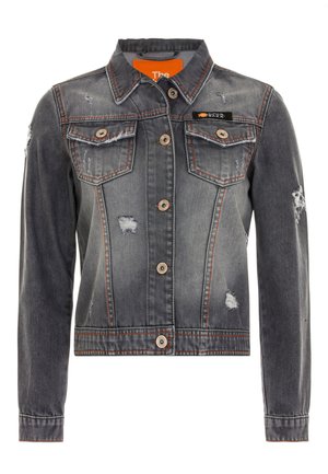 Graue Denimjacke mit zerstörten Details, kupferfarbene Knöpfe und orangefarbige Innenauskleidung. Verfügt über zwei Brusttaschen und einen klassischen Kragen.