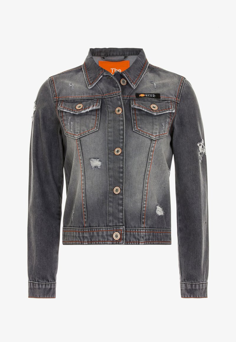 Graue Denimjacke mit zerstörten Details, kupferfarbene Knöpfe und orangefarbige Innenauskleidung. Verfügt über zwei Brusttaschen und einen klassischen Kragen.