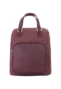 Zaino bordeaux con una tasca frontale in pelle texture, corpo in tessuto liscio, manici superiori doppi e un'accento con zip dorata.