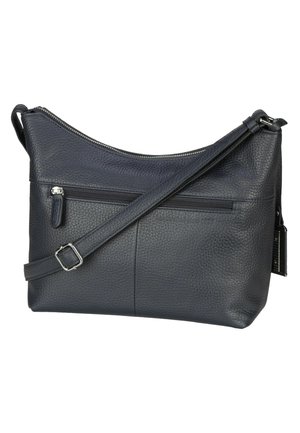 Borsa a spalla in pelle blu scuro con finitura testurizzata, dotata di chiusura con zip, tracolla regolabile e tasca frontale con zip.